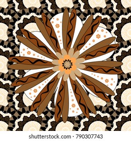 Abstract flower graphic vector botanical illustration, seamless floral pattern, doodle ink sketch in black, white and brown colors for design greeting card, wedding invitation, cosmetic beauty.