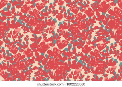 Abstract flower gush garden seamless vector pattern.Painted flowers in red with pink and grey details on beige background. Great for home decor, fabric, wallpaper, stationery, design projects.