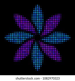 Abstract flower halftone vector icon. Illustration style is pixel iconic abstract flower symbol on a black background. Halftone structure is constructed of round elements.