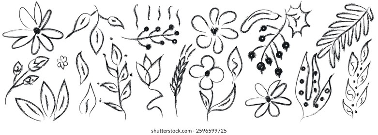 Abstract flower hand drawn with ink. Black grunge drawing flowers, leaves, blossoms, branches. Botanical vector set. Sketchy strokes of natural forms.