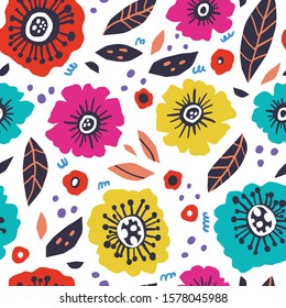Abstract flower hand drawn vector seamless pattern. Blooming poppies and leaves botanical background, backdrop. Garden blossoms texture. Floral retro textile, fabric, wrapping paper design