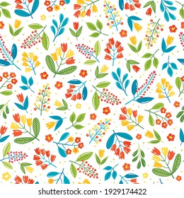 Abstract flower hand drawn vector seamless pattern. Flower cartoon vector cliparts. Garden blossoms texture. Wildflower blossom, blooming. Floral retro textile, fabric, wrapping paper design. 