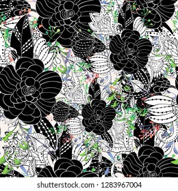 Abstract flower hand drawn white and black ornament.