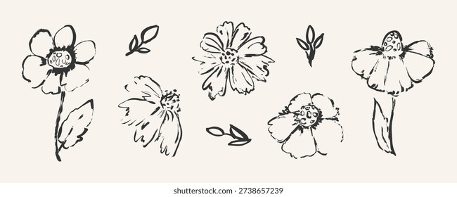An abstract flower, hand-painted with a brush. Elements of a floral sketch, simple contours in the grunge style. A set of vector minimalistic symbols of colors