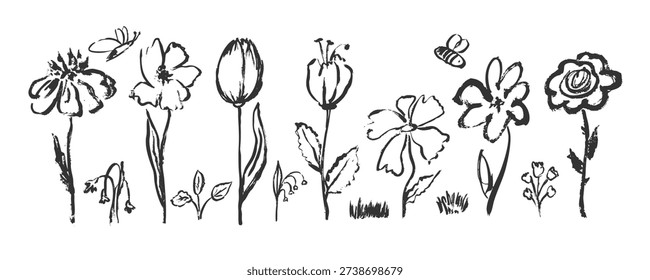 An abstract flower, hand-painted with a brush. Elements of a floral sketch, simple contours in the grunge style. A set of vector minimalistic symbols of colors