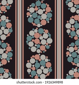 Abstract flower head bubble vector seamless pattern background.Circles within circular shapes and vertical stripes backdrop. Dark pink, teal and slate black geometric repeat for wellness concept.