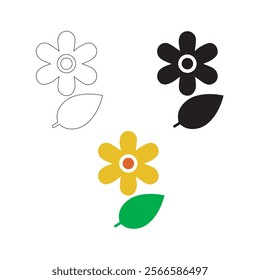 Abstract Flower Icon Outline, Silhouette And Color Vector Art Illustration