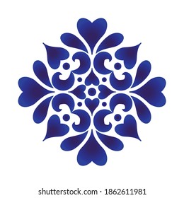 Abstract flower icon, watercolor blue and white floral ornament for design, ceramic, pattern, porcelain,indigo, chinaware, tile, ceiling, texture, wall, floor, paper and fabric, vector illustration