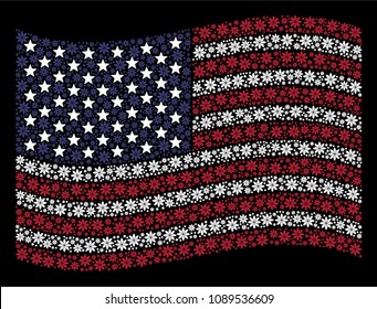 Abstract flower icons are organized into waving American flag mosaic on a dark background. Vector collage of USA state flag is designed of abstract flower items.