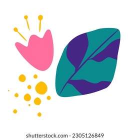 Abstract flower with leaf. Doodle blooming plants flat simple composition. Concept and composition for postcards, posters, background, print, banners. Vector hand draw illustration 