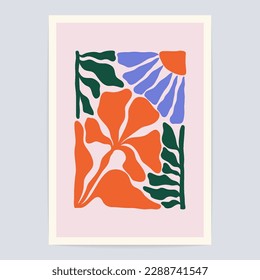 Afiche abstracto de la hoja de flores. Mínimo estampado de arte naive floral Matisse inspirado en la decoración botánica de la pared. Ilustración del vector