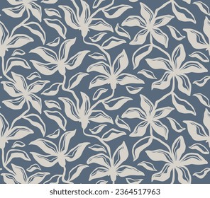 Abstract flower and leaf seamless repeat pattern with brush texture.