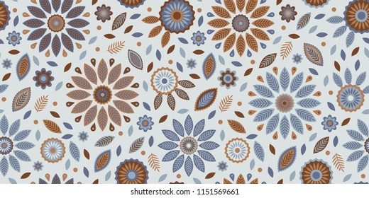 Abstract flower and leaf vector pattern, natural colored repeat design on ice blue background. Trendy vintage style. Ideal for fabrics, cards, gift wrapping paper, wallpapers, scrapbooking etc.