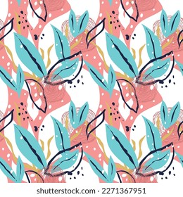 Abstract flower and leaves seamless pattern blooming on pink background. Repeating floral vector design for wallpaper, print and card.