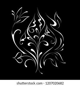 abstract flower with leaves in white lines on black background