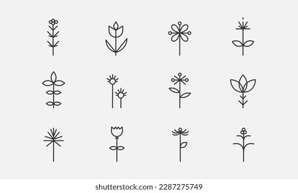 Abstract flower line icon set. Spring plants, blossoms and wildflowers. Botanical signs elements. Editable stroke, pixel perfect. Vector illustration