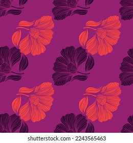 Abstract flower line seamless pattern. Delicate floral vintage outline endless background. Retro style. Design for fabric, textile print, wrapping, cover. Vector illustration