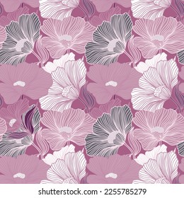 Abstract flower line seamless pattern. Delicate floral vintage outline endless background. Retro style. Design for fabric, textile print, wrapping, cover. Vector illustration