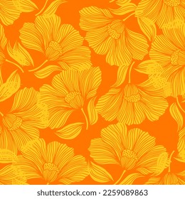 Abstract flower line seamless pattern. Delicate floral vintage outline endless background. Retro style. Design for fabric, textile print, wrapping, cover. Vector illustration