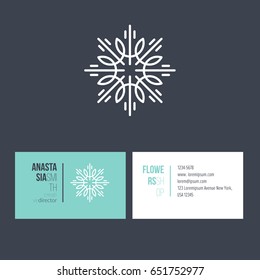 Abstract flower linear logotype design with template business card for creative director. Visual identity for flower shop 