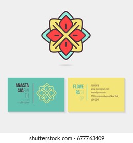 Abstract flower linear logotype design with template business card for creative director. Visual identity for flower shop 