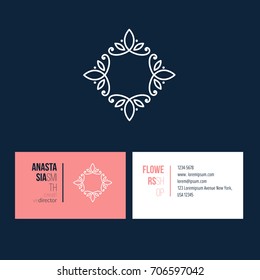 Abstract flower linear logotype design with template business card for creative director. Visual identity for flower shop 