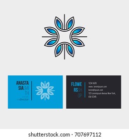 Abstract flower linear logotype design with template business card for creative director. Visual identity for flower shop 