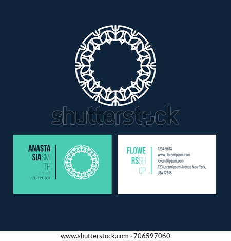 Abstract flower linear logotype design with template business card for creative director. Visual identity for flower shop 