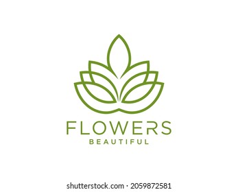Abstract Flower Logo. Green Line art Style isolated on White Background. Usable for Nature, Salon, Spa, Cosmetic and Beauty Logos. Flat Vector Logo Design Template Element.