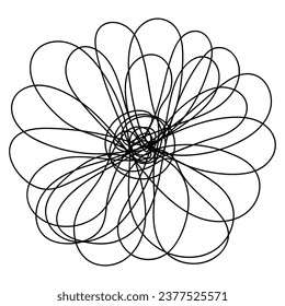 Abstract flower made from doodles. Flower petals intertwine. Tangled core. Sketch. Vector illustration. Hand-drawn blooming bud of a plant. Outline on isolated background. Idea for web design.