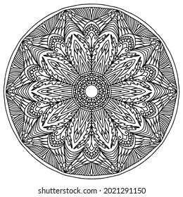 abstrakte Blume Mandala mit linearen Ornamenten im Volksstil auf weißem Hintergrund, Vektorbuchseiten