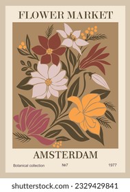 Abstract Flower Market Amsterdam poster. Trendy botanical wall art with floral design in danish pastel colors. Modern naive groovy funky retro interior decoration, painting. Vector art illustration