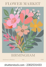 Abstract Flower Market Birmingham poster. Trendy botanical wall art with floral design in sage green colors. Modern naive groovy funky interior decoration, painting, print. Vector art background