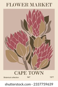 Abstract Flower Market Cape Town poster. Trendy botanical wall art with Protea floral design in danish pastel colors. Modern naive groovy funky interior decoration, painting. Vector art illustration