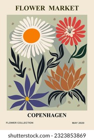 Abstract Flower Market Copenhagen poster. Trendy botanical wall art with floral design in danish pastel colors. Modern naive groovy funky interior decoration, painting. Vector art illustration.