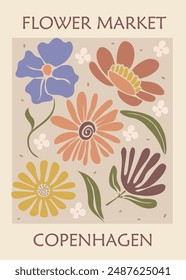 Abstract Flower Market Copenhagen poster. Trendy botanical wall art with floral design in danish pastel colors. Modern naive groovy funky interior decoration, painting. Vector art illustration.