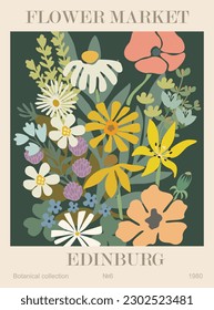 Abstract Flower Market Edinburg poster. Trendy botanical wall art with floral design in sage green colors. Modern naive groovy funky interior decoration, painting, print. Vector art background