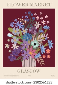 Abstract Flower Market Glasgow poster. Trendy botanical wall art with floral design in bright colors. Modern naive groovy funky interior decoration, painting, print. Vector art background