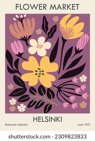 Abstract Flower Market Helsinki poster. Trendy botanical wall art with floral design in danish pastel colors. Modern naive groovy funky interior decoration, painting, print. Vector art illustration