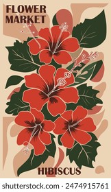 Abstract Flower Market Hibiscus poster. Trendy botanical wall arts with floral design in sage green colors. Modern naive groovy funky interior decoration, painting. Vector art illustration.