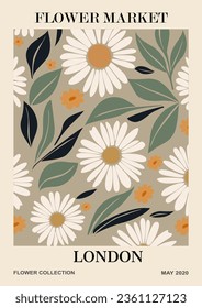 Abstract Flower Market London poster. Trendy botanical wall art with daisy floral design in trendy sage green colors. Modern naive groovy funky interior decoration, painting. Vector art illustration