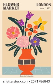 Abstract Flower Market London poster. Trendy botanical wall art with floral design in danish pastel colors. Modern naive groovy funky interior decoration, painting. Vector art illustration.