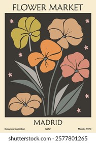Abstract Flower Market Madrid poster. Trendy botanical wall art with floral design. Modern naive groovy funky interior decoration, painting. Vector art illustration 