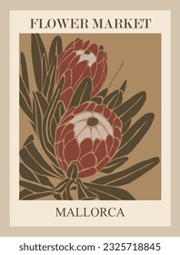 Abstract Flower Market Mallorca poster. Trendy botanical wall art with Protea flower design in danish pastel colors. Modern naive groovy funky interior decoration, painting. Vector art illustration.