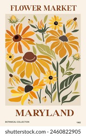 Abstract Flower Market Maryland poster. Trendy botanical wall art with Black Eyed Susan, Rudbeckia flowers. Modern naive groovy funky interior decoration, painting. Vector art illustration. Not AI