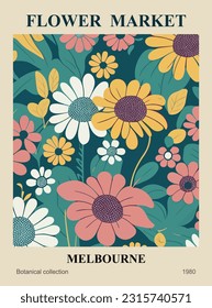 Abstract Flower Market Melbourne poster. Trendy botanical wall art with floral design in dark bright colors. Modern naive groovy funky interior decoration, painting, print. Vector art illustration