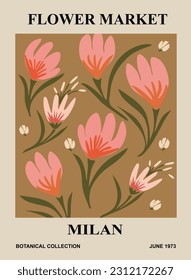 Abstract Flower Market Milan poster. Trendy botanical wall art with floral design in danish pastel colors. Modern naive groovy funky interior decoration, painting, print. Vector art illustration