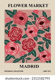 Abstract Flower Market Milan poster. Trendy botanical wall art with floral design in danish pastel colors. Modern naive groovy funky interior decoration, painting, print. Vector art illustration