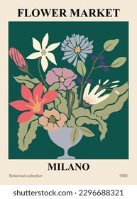 Abstract Flower Market Milano poster. Trendy botanical wall art with floral design in earth tone colors. Modern naive groovy funky hippie interior decoration, painting. Vector art illustration