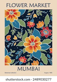 Abstract Flower Market Mumbai poster. Trendy botanical wall art with floral design in vivid bright colors. Modern naive groovy funky interior decoration, painting. Vector art illustration.